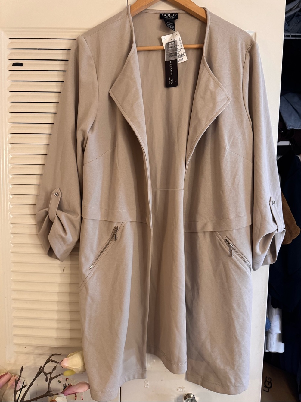 Soho Apparel Drape-Front Trench Coat in Beige Taupe